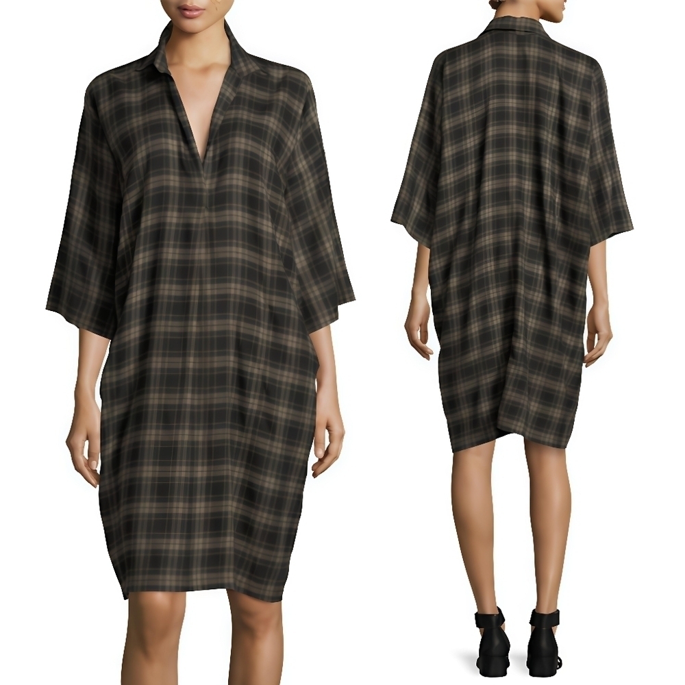 Vince Plaid Easy Pullover Cotton Dress in Military Size Small V-Neck 3/4 Sleeve